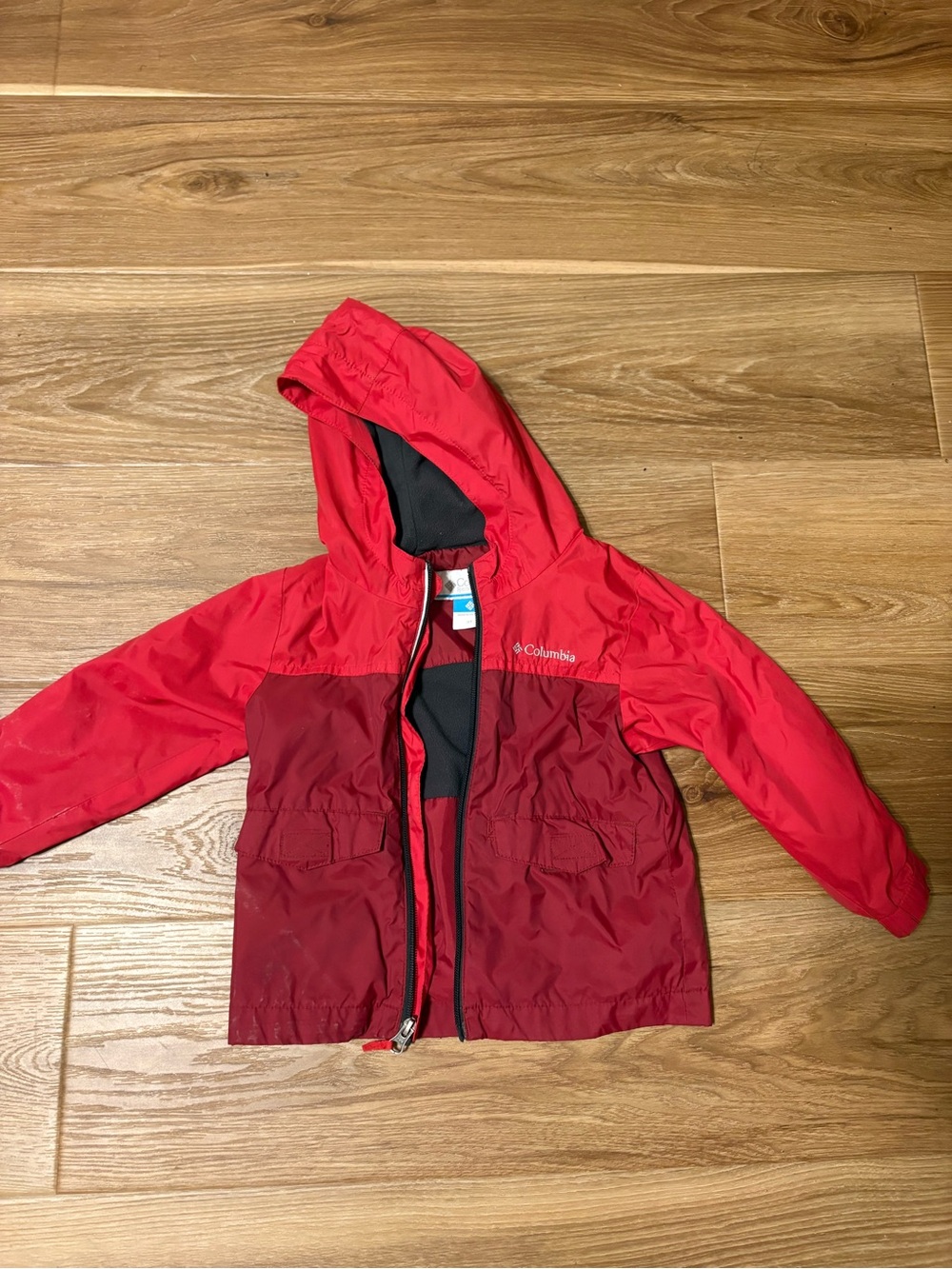 Columbia Kids Red and Dark Red Hooded Rain Jacket with fleece lining